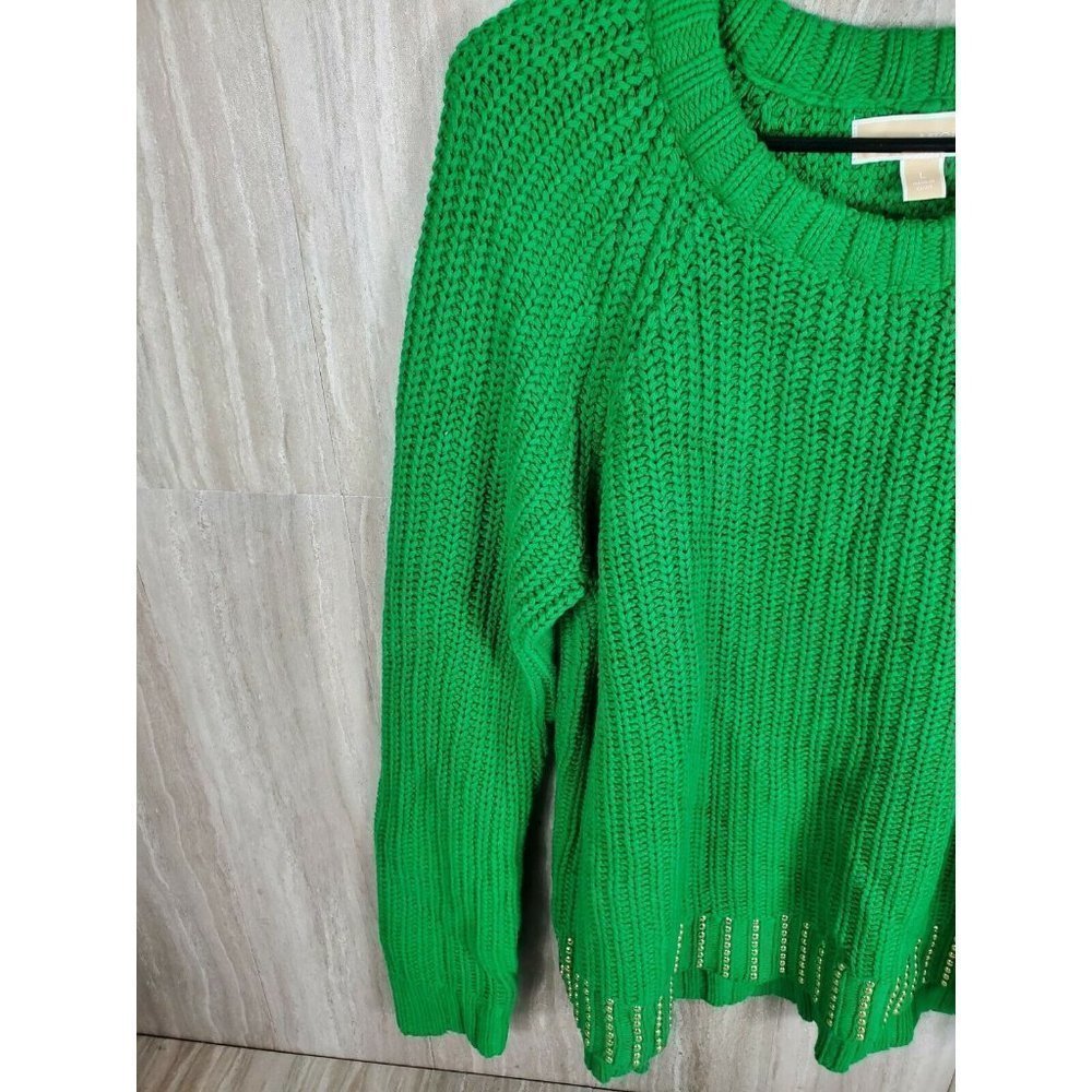 COPY - MICHAEL KORS Gold Stud Detail Dark Green Sweater Knit Top Size Large - Picture 7 of 11